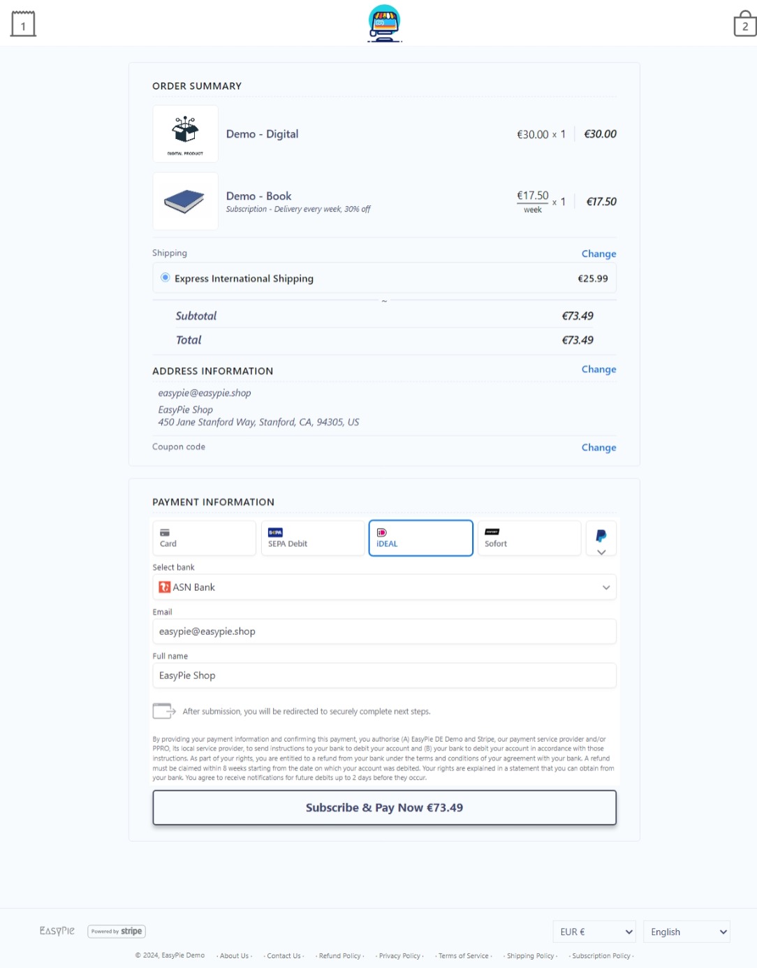 Stripe Checkout & Subscriptions for Shopify via EasyPie - All in One | Multi Currencies & Languages